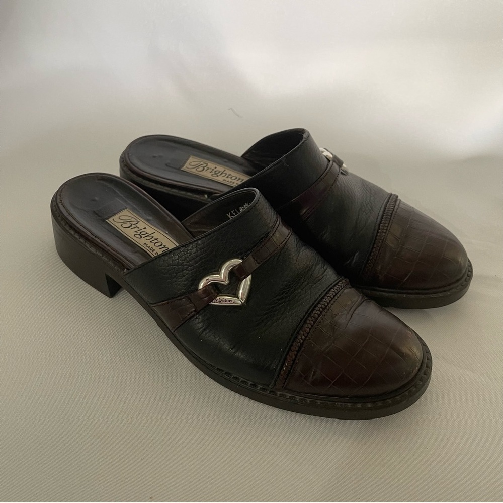 Brighton Kelsey Black Brown Leather Heart Mules Clogs Italy Womens 8N‎